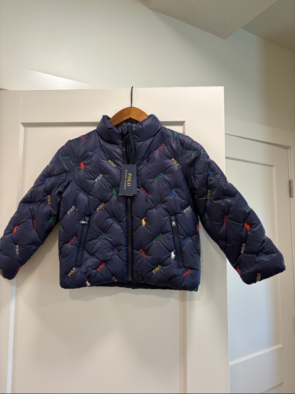 Ralph Lauren Kids Navy Quilted Down Puffer Jacket with Multicolor Logos—NWT—6